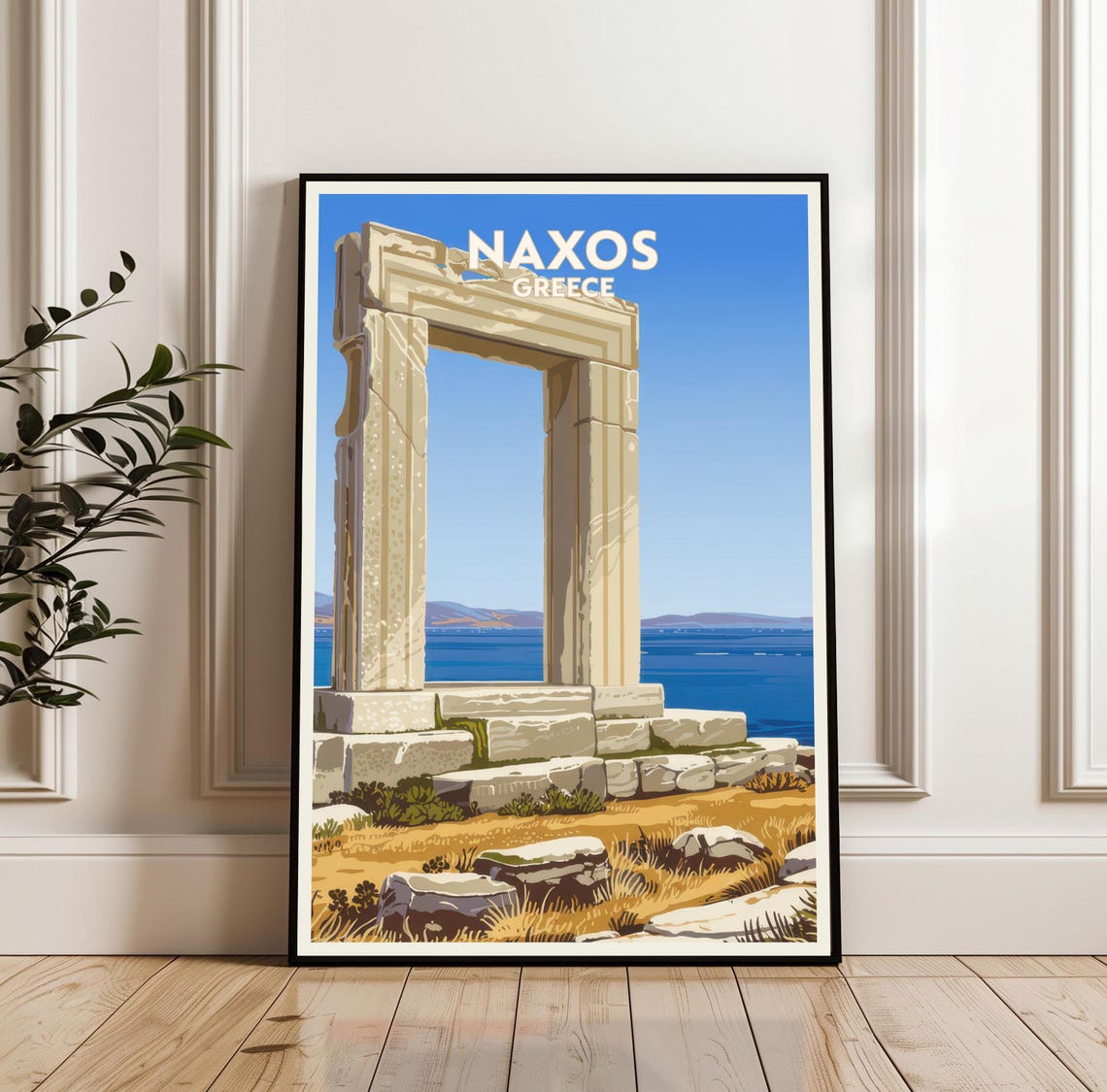 Naxos Greece Portara Temple Gate Seaside Retro Travel Poster