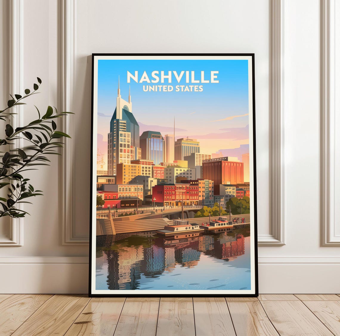 Nashville Tennessee Downtown Skyline River Reflection Travel Poster