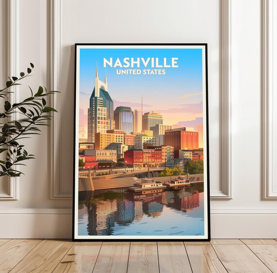 Nashville Tennessee Downtown Skyline River Reflection Travel Poster