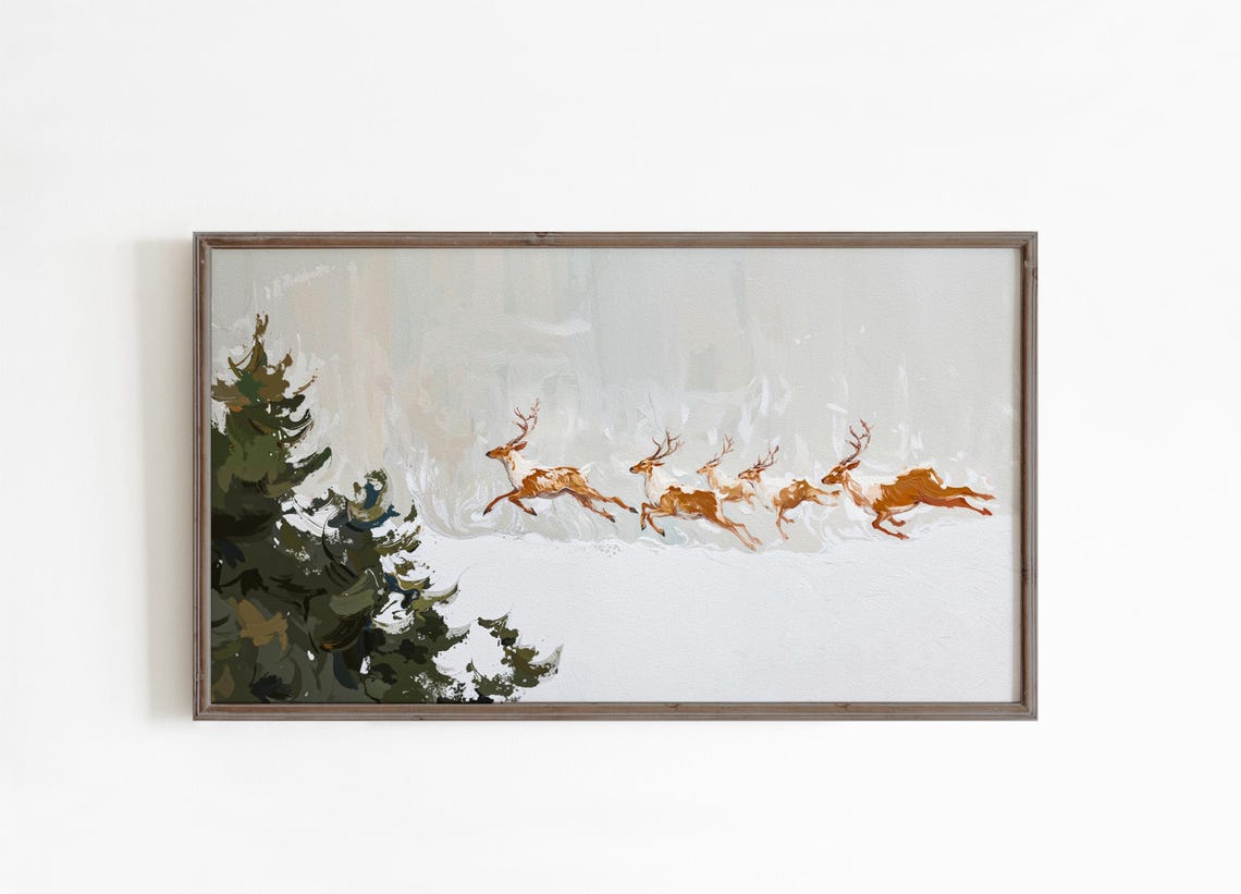 Reindeer Herd Leaping Over Snowy Winter Scene Painted Motion Poster - Image 2
