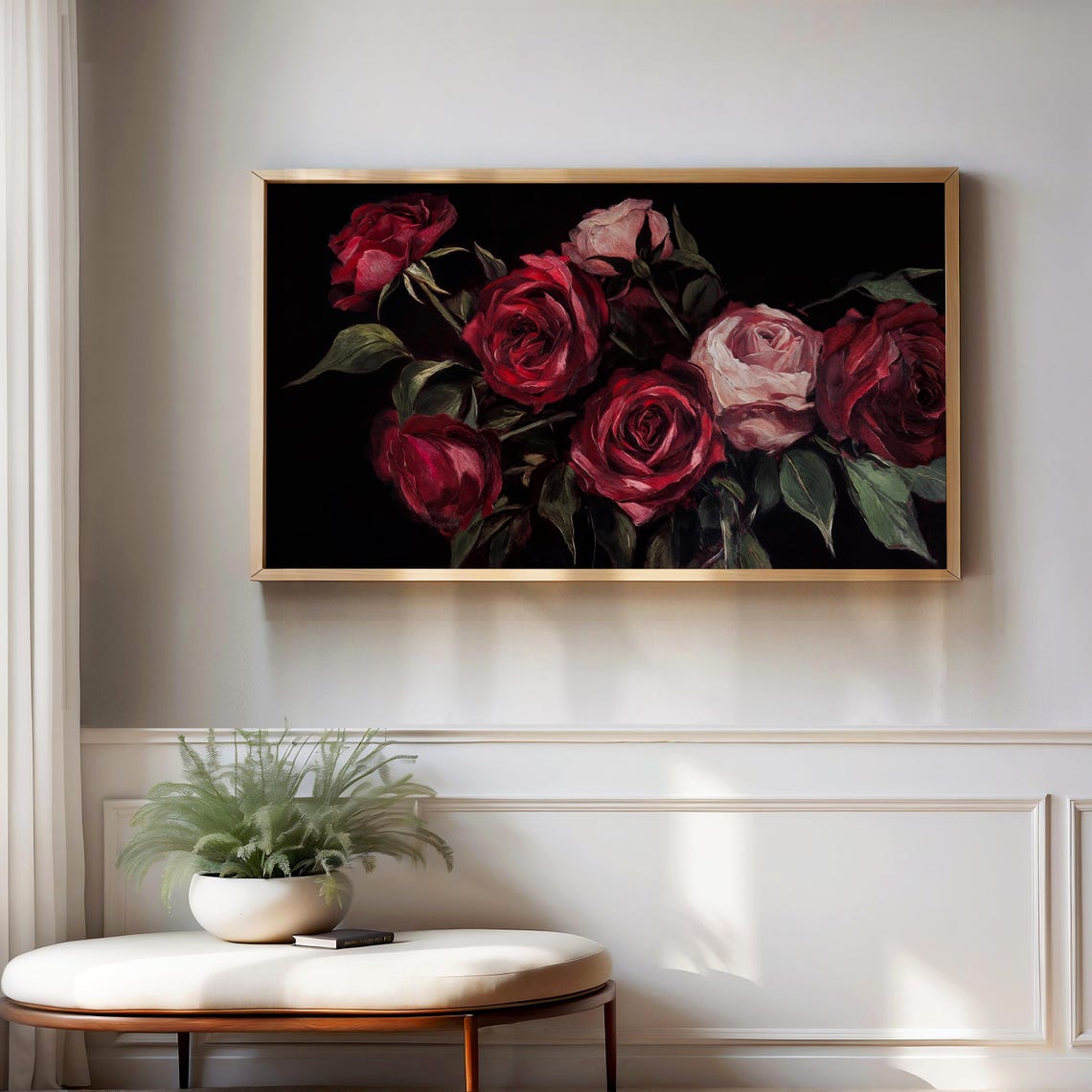Moody Dark Red Roses Bouquet Black Background Floral Wall Art - Image 2