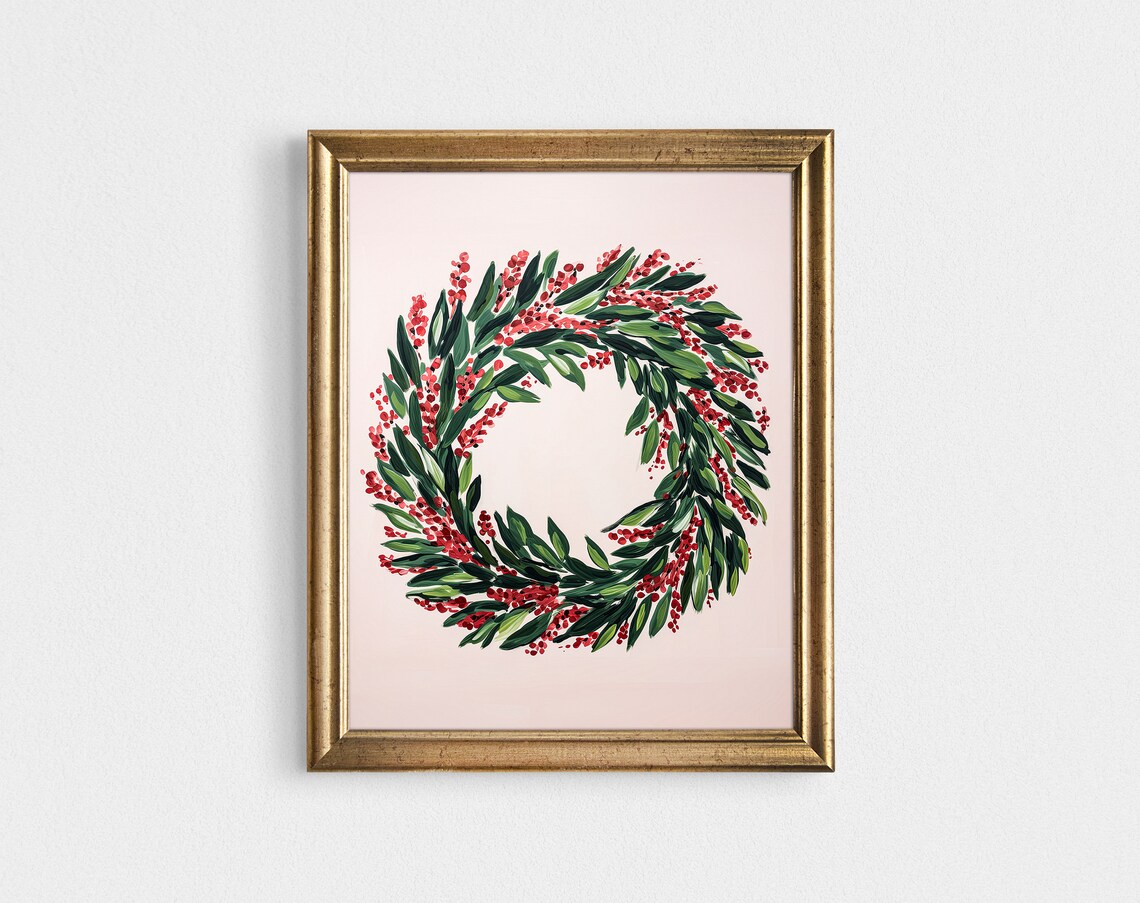 Watercolor Christmas Wreath Red Berries Blush Pink Holiday Art Poster - Image 2