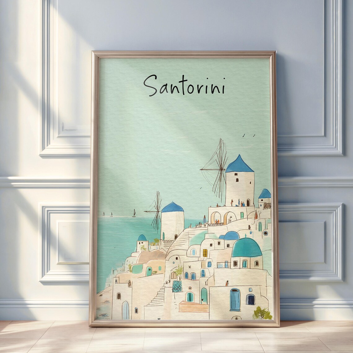 Santorini Watercolor Travel Poster, Minimal City Print
