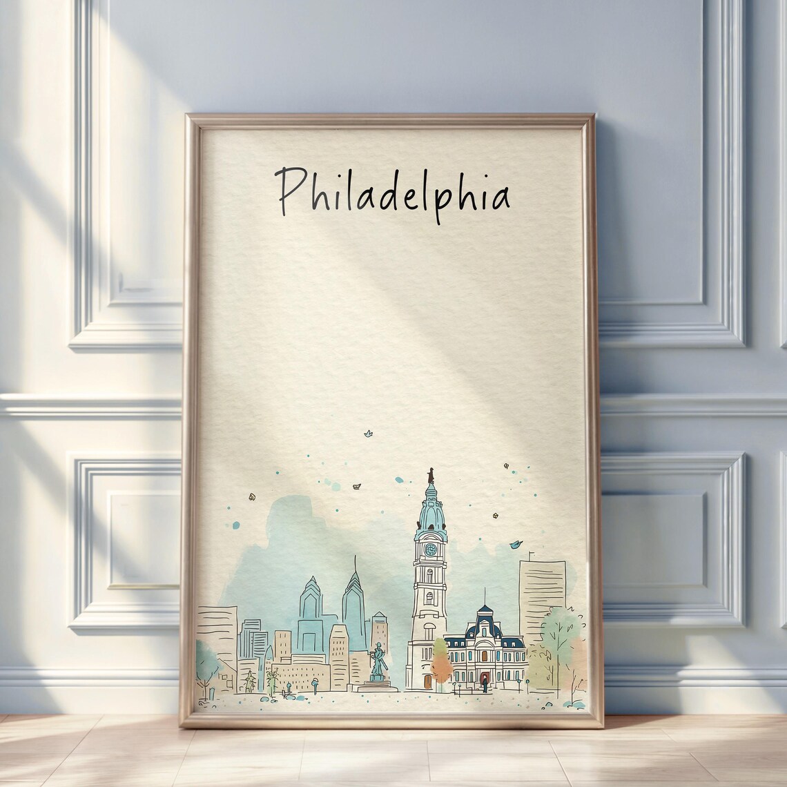 Philadelphia Watercolor Skyline Hand Lettered City Hall Travel Poster