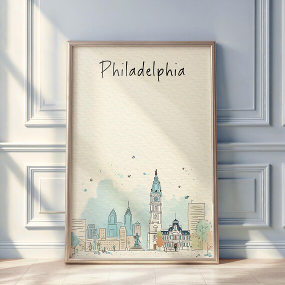 Philadelphia Watercolor Skyline Hand Lettered City Hall Travel Poster