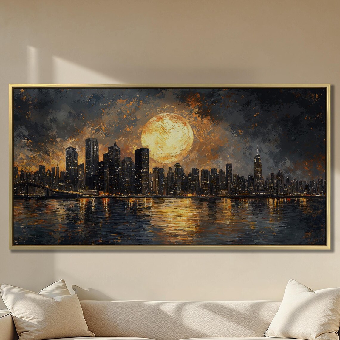 City Skyline With Full Moon Art Print, Urban Nightscape