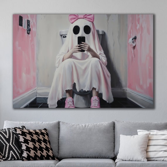 Cute Pink Ghost With Bow On Toilet Funny Halloween Bathroom Poster
