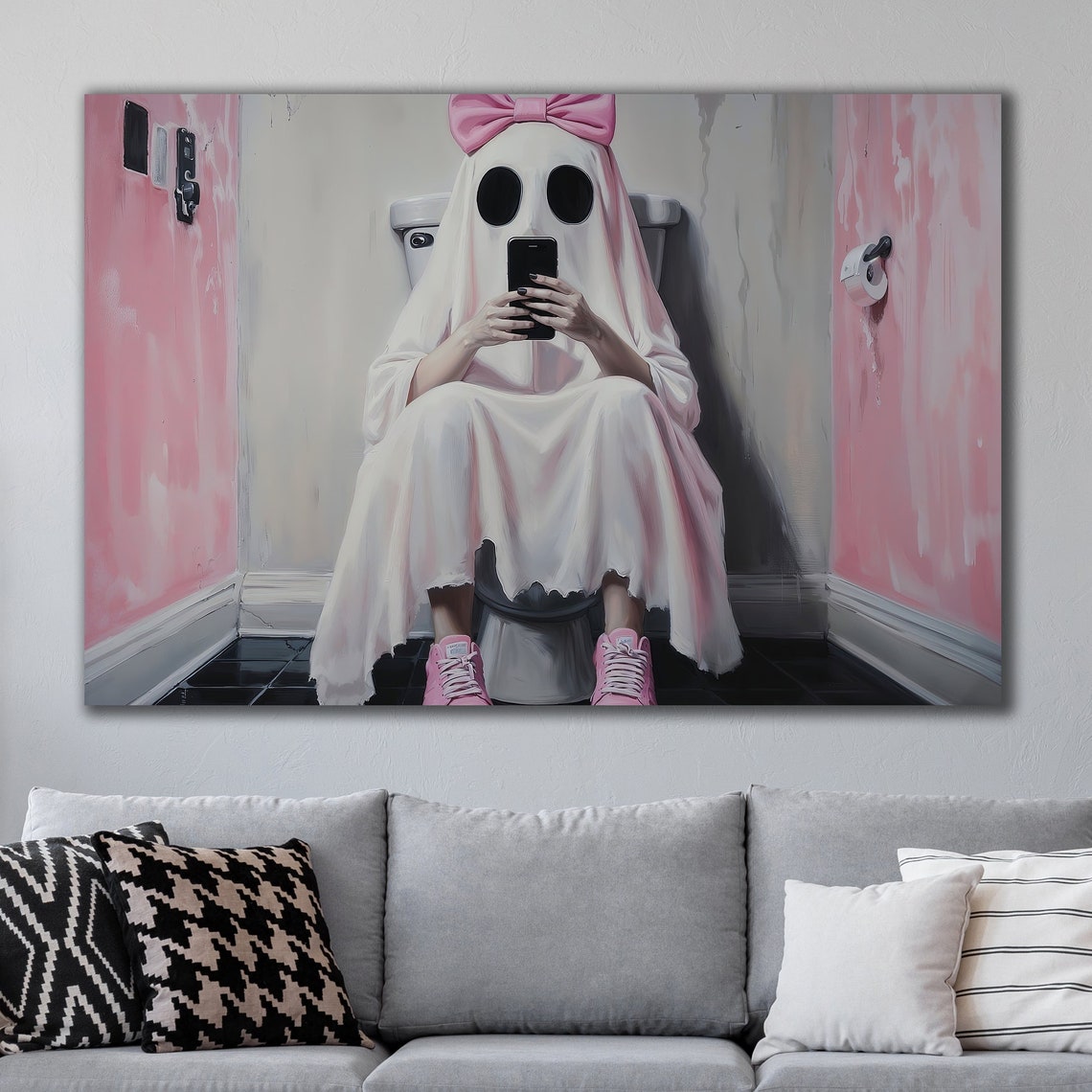 Cute Pink Ghost With Bow On Toilet Funny Halloween Bathroom Poster