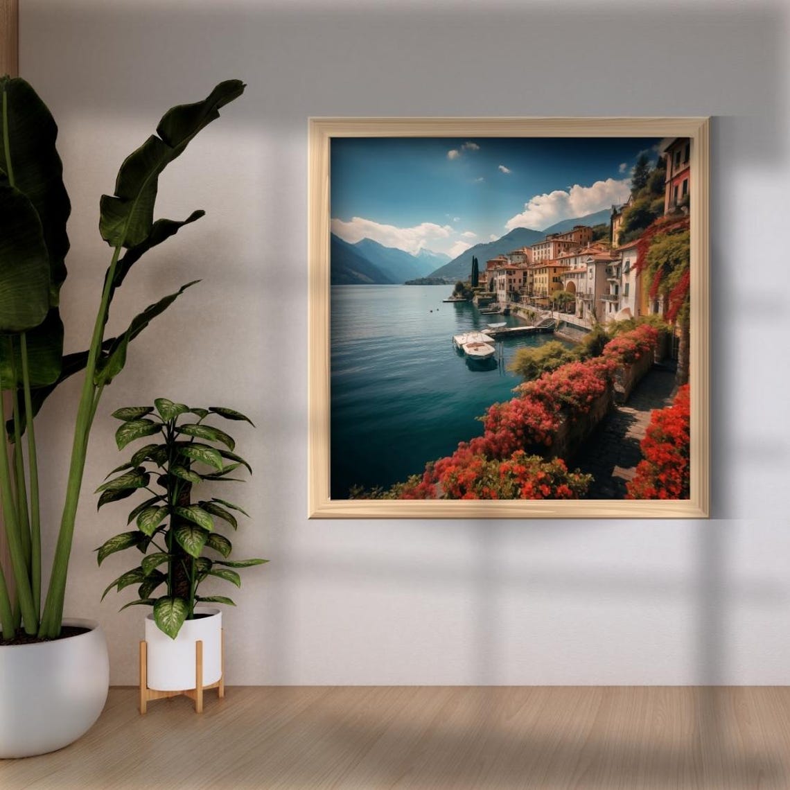 Sunny Lake Como Village With Red Flowers And Bright Blue Water Poster
