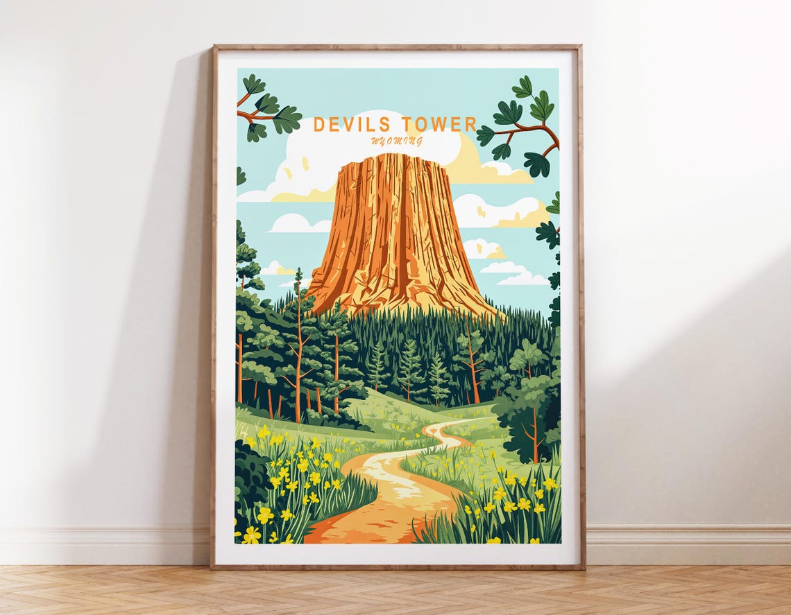 Devils Tower Wyoming Flower Meadow Trail Retro Travel Poster