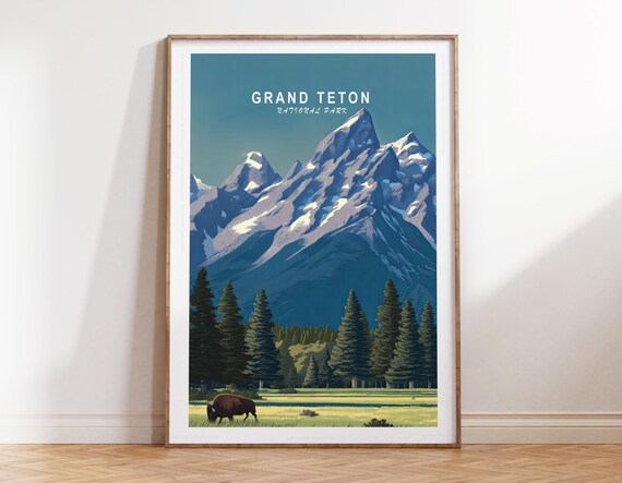 Grand Teton National Park Grazing Bison Top Title Travel Poster