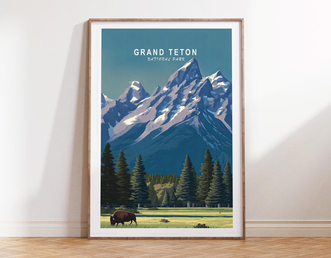 Grand Teton National Park Grazing Bison Top Title Travel Poster