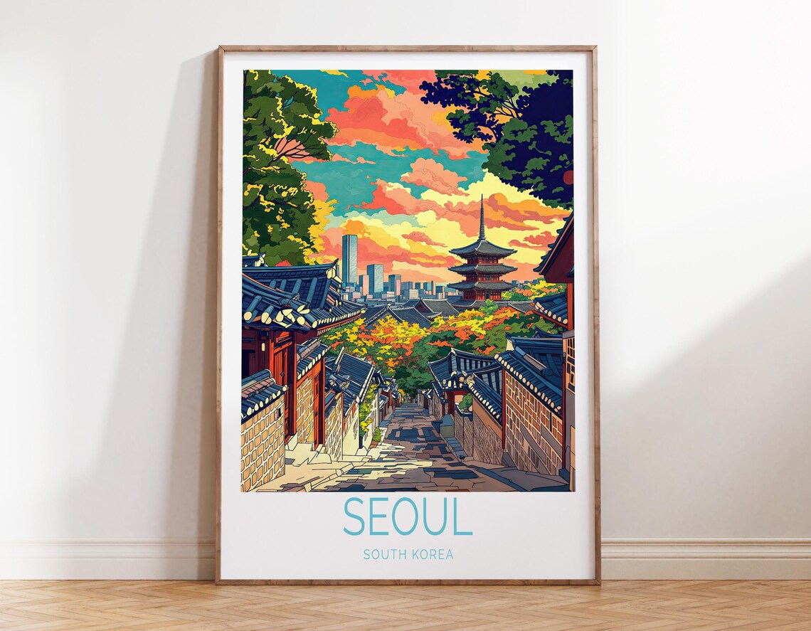 Seoul South Korea Pagoda Old Street Sunset Retro Travel Poster