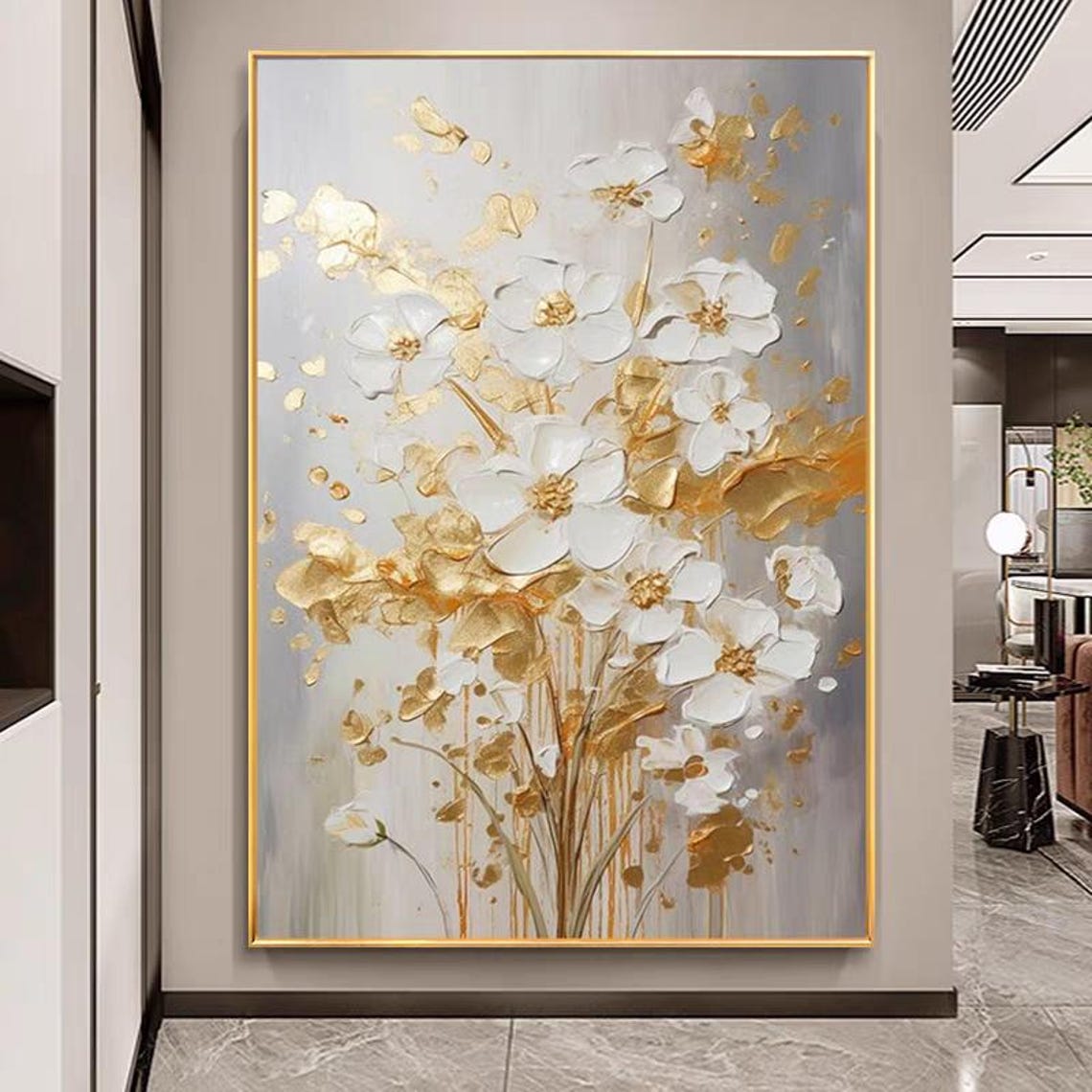 White Blossom Flowers Gold Leaves Textured Vertical Floral Poster - Image 2
