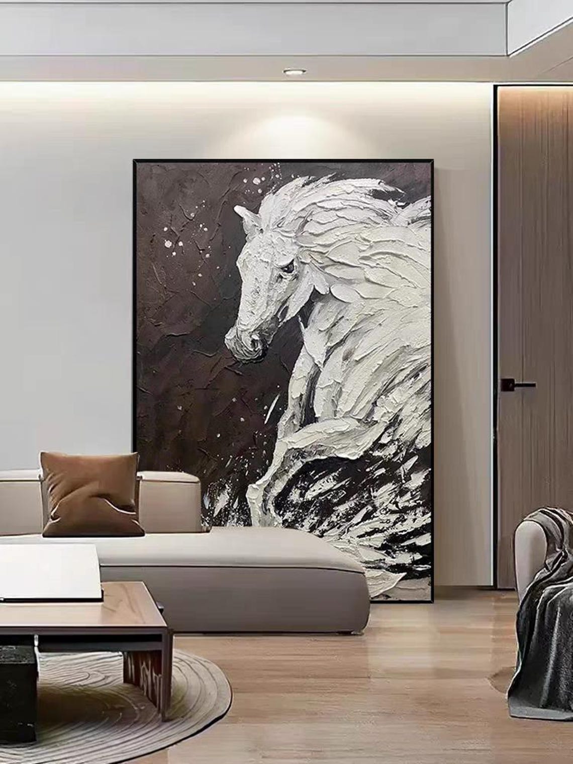 White Galloping Horse on Black Background Textured Animal Art Poster - Image 2
