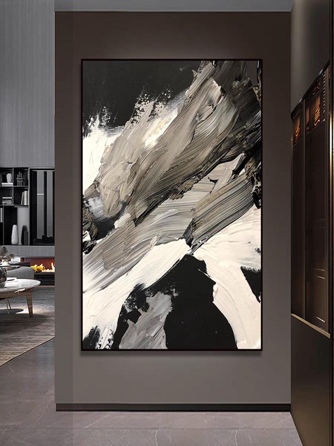 Extra Large Wall Decor Abstract Black White 3d Textured Painting Original Brush Stroke Hand Painted Artwork Large Vertical Acrylic Art - Image 2