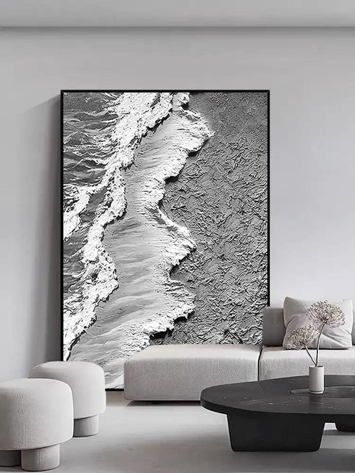 Monochrome Grey Aerial Ocean Waves with White Foam Texture Poster - Image 2