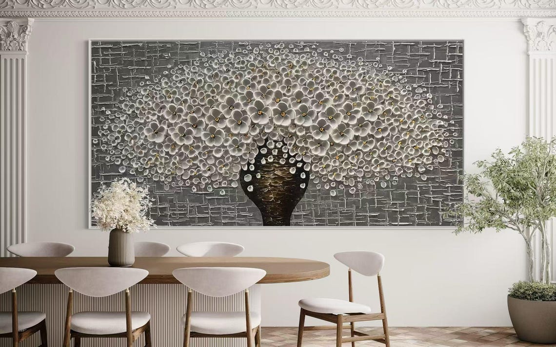 Black Vase Overflowing White Blossoms Panoramic Floral Canvas Poster - Image 2