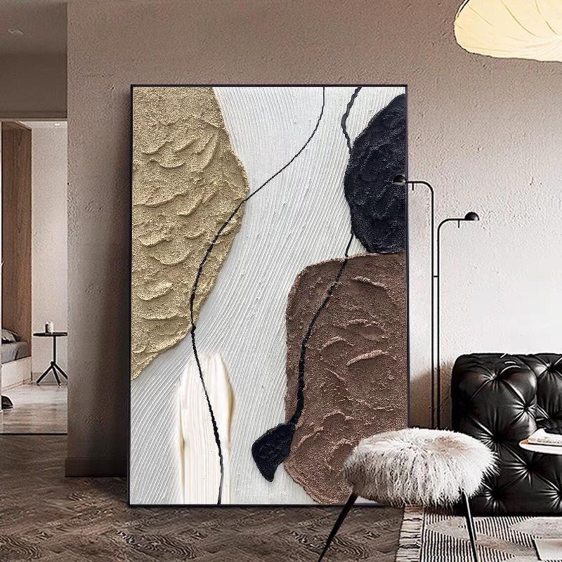 3d Textured Abstract Hand Painted Artwork Modern Acrylic Painting For Home Decor Original Gold Brown Black With White Background Art - Image 2