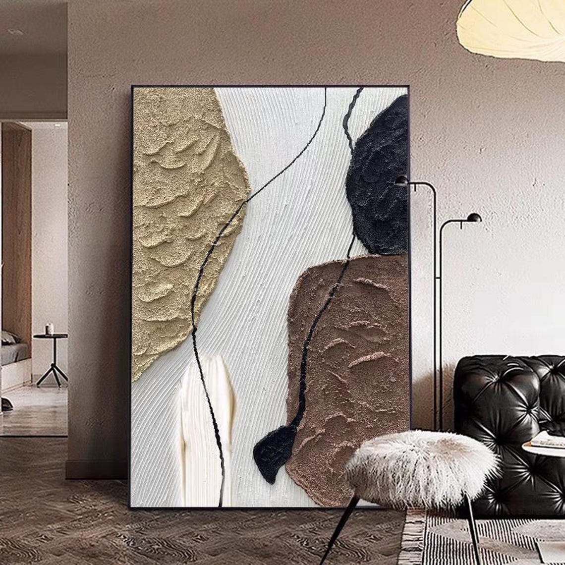 Earth Tone Beige Brown Black Organic Shapes Textured Canvas Poster - Image 2