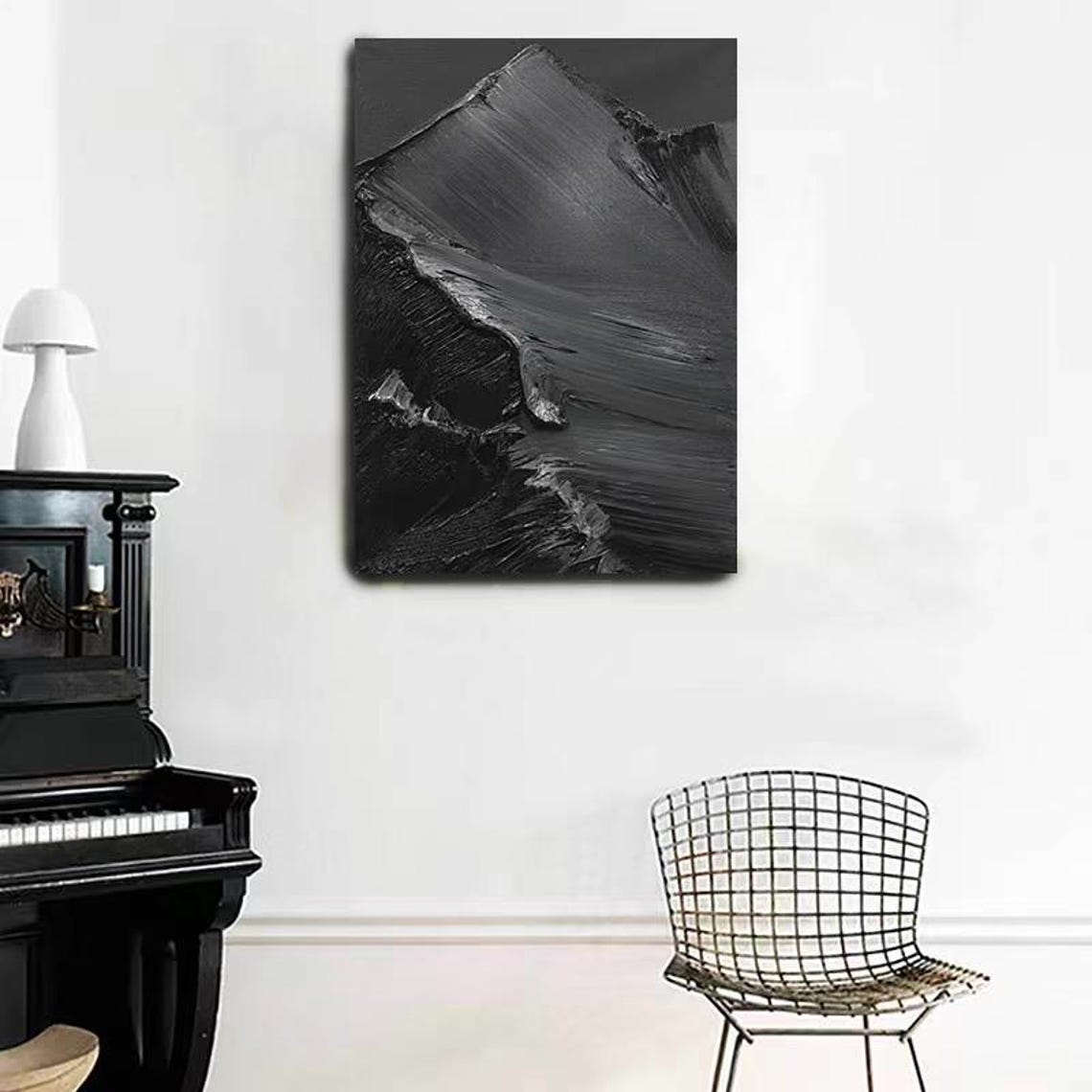 Dark Mountain Peak Textured Charcoal Black Abstract Art Poster - Image 2