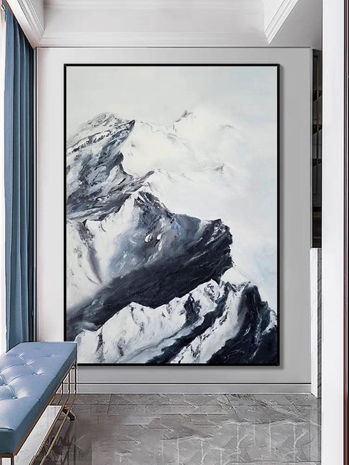 Snowy Mountain Peaks Monochrome Textured Painted Landscape Poster - Image 3