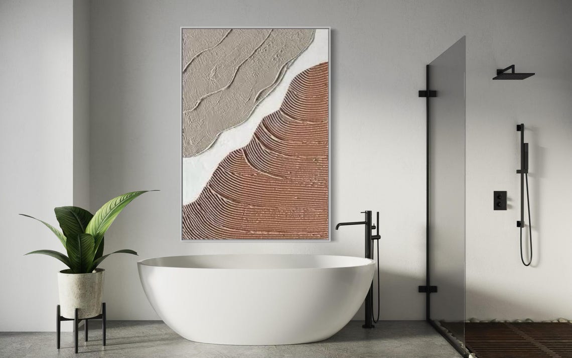 Terracotta Orange and Beige Wavy Splice Textured Abstract Art Poster - Image 2