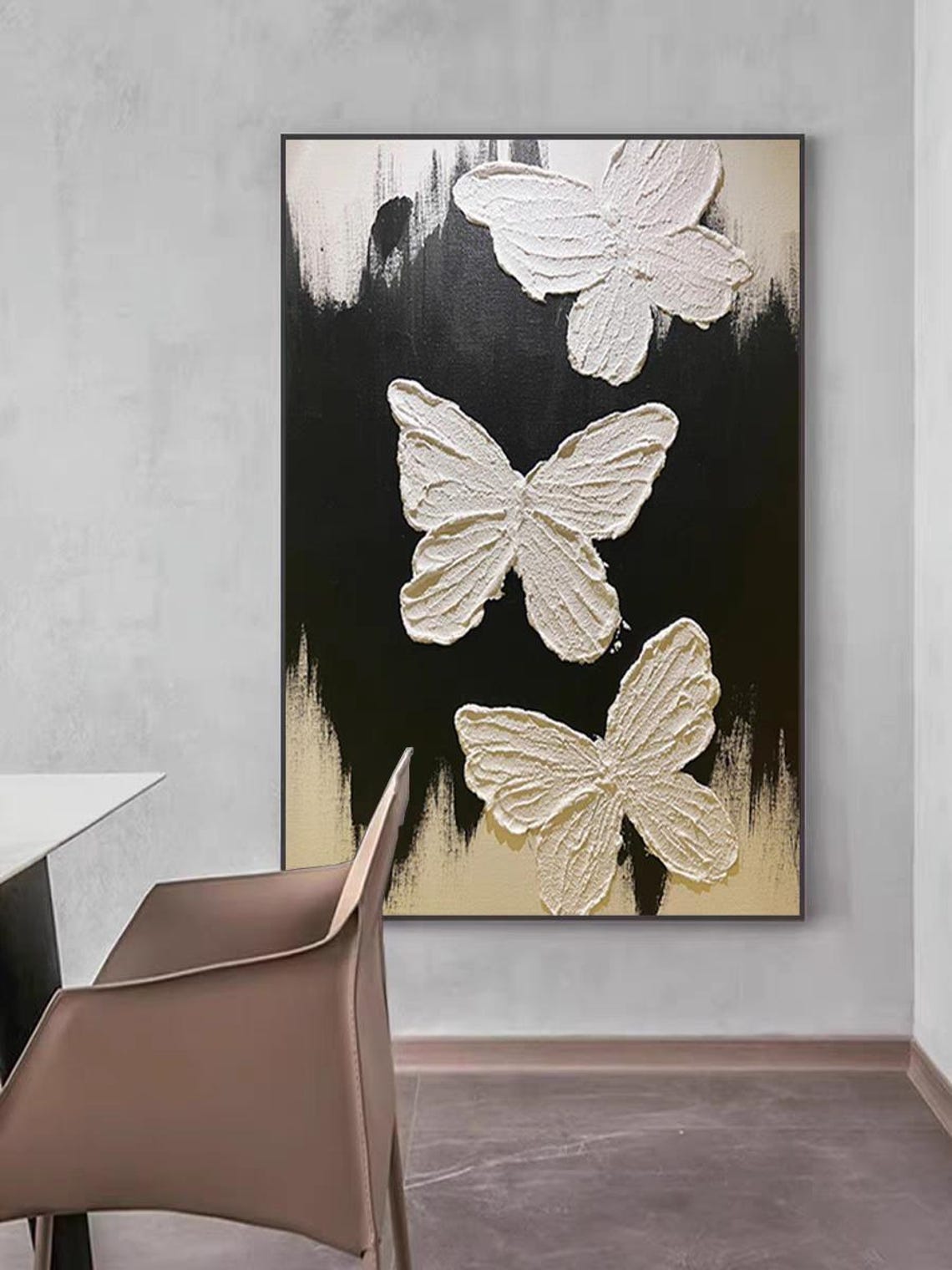 Three White Butterflies On Black Background With Gold Frame Poster - Image 3