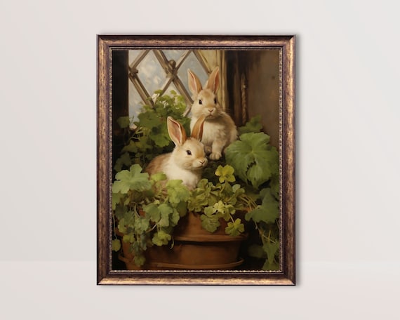 Bunnies in the Hutch, Rustic Farmhouse Easter Art Print