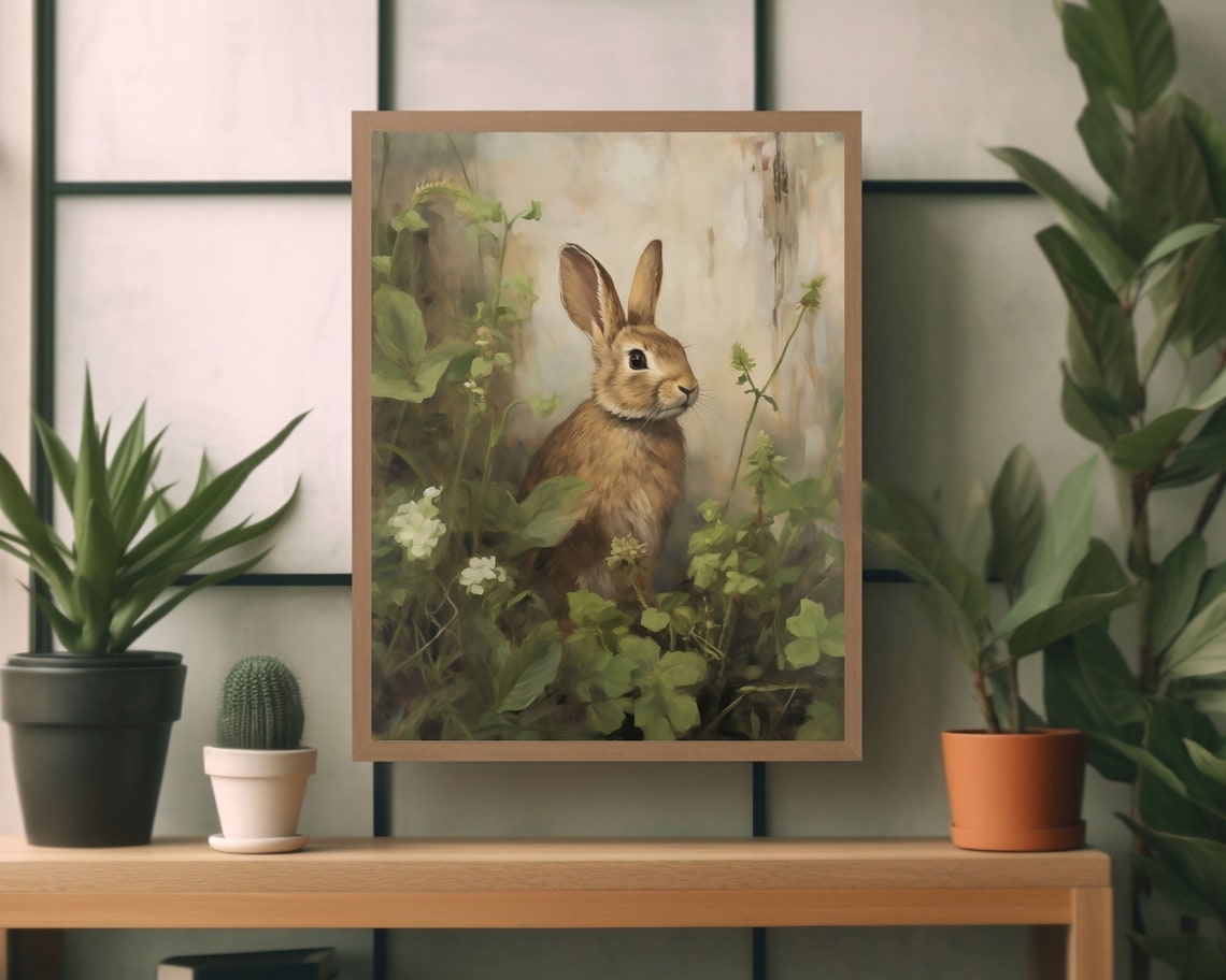 Rabbit Vintage Oil Painting, Rustic Farmhouse Art Print - Image 2