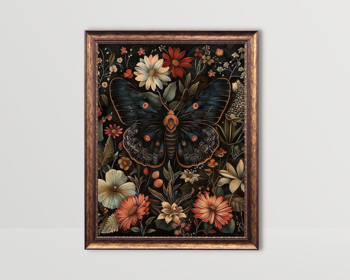 Black Butterfly Botanical Moth Art Print, Dark Academia