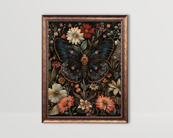 Black Butterfly Botanical Moth Art Print, Dark Academia