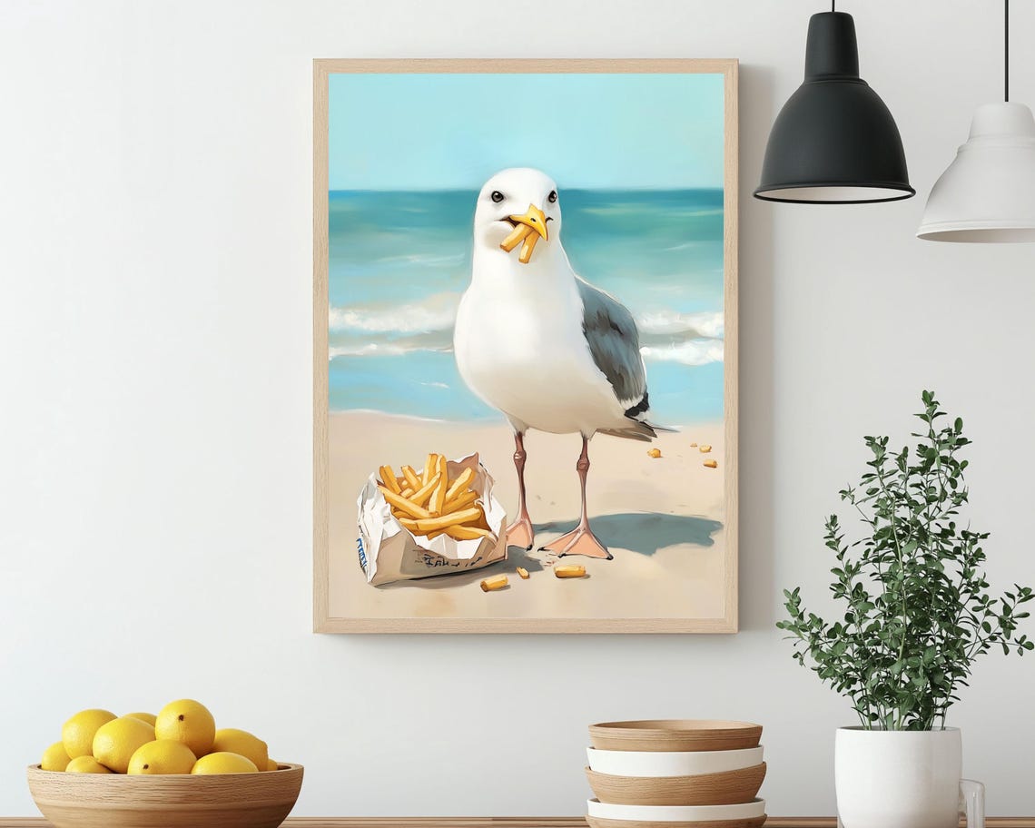 Seagull French Fries Beach Wall Art Cute Coastal Kitchen Decor Funny Food Prints Seaside Art Fun Snack Print French Fry Painting - Image 4