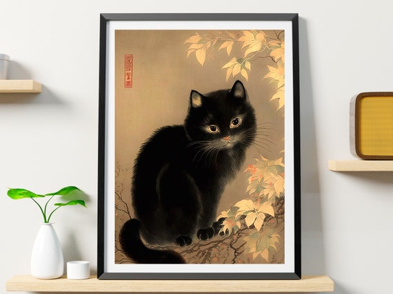 Japanese Cat Poster, Black Cat Oriental Art Print