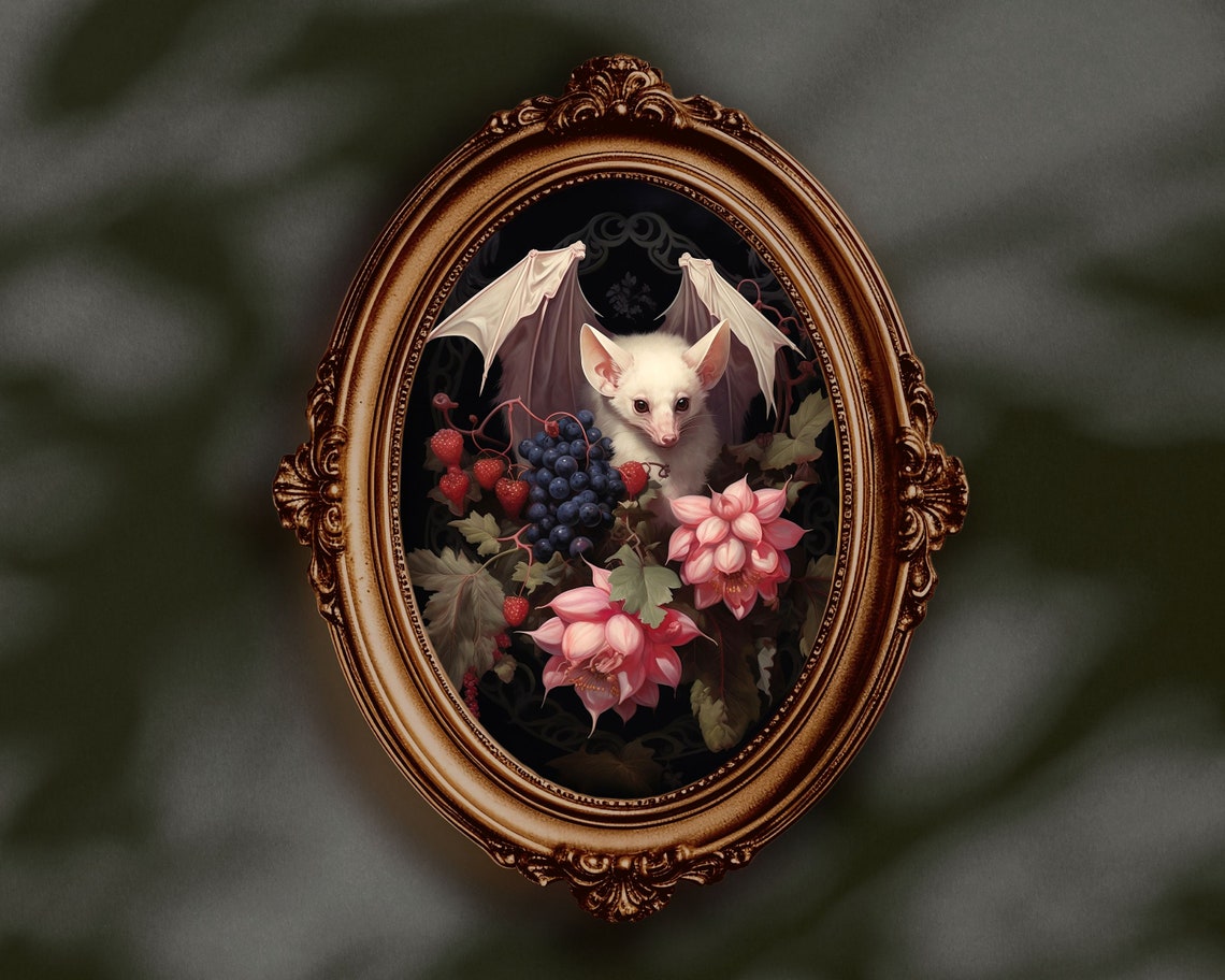 Albino Fruit Bat Gothic Floral Vintage Art Print - Image 2