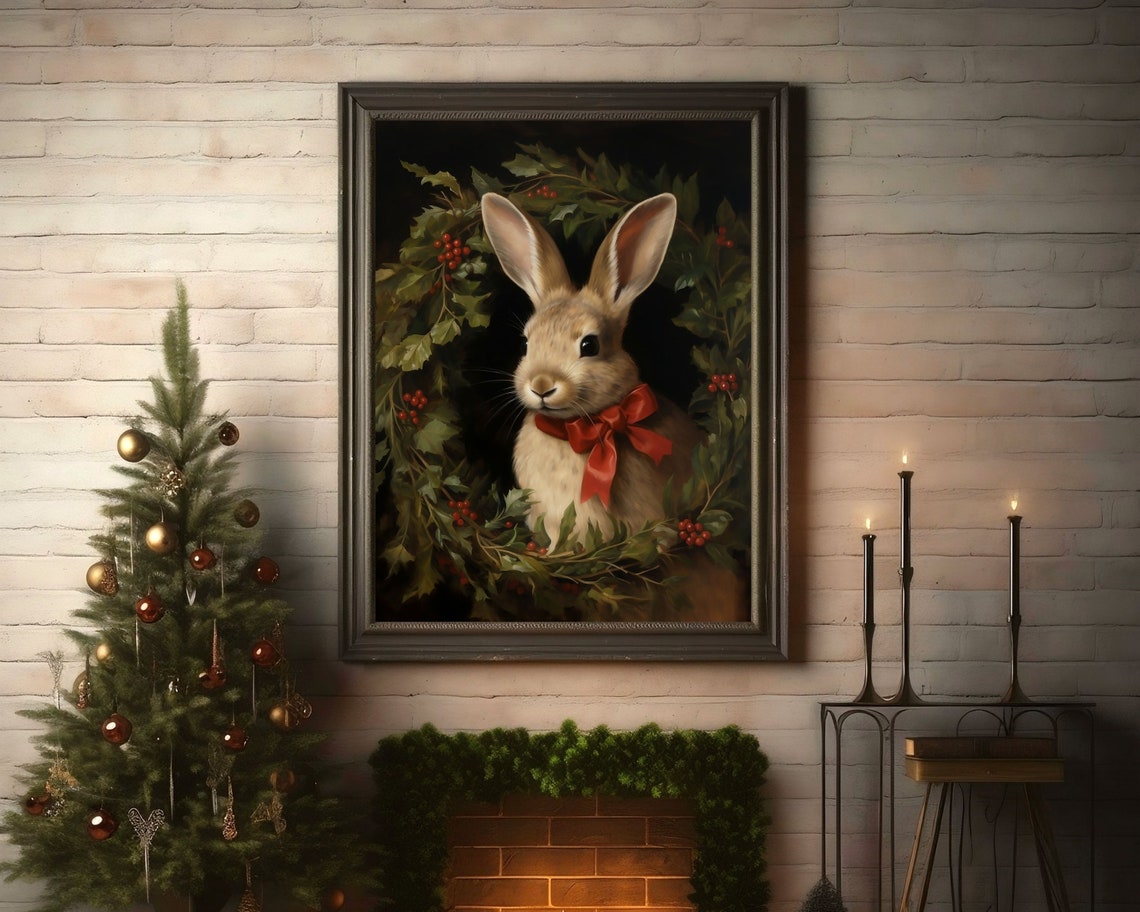 Festive Rabbit Dark Academia Christmas Art Print - Image 4