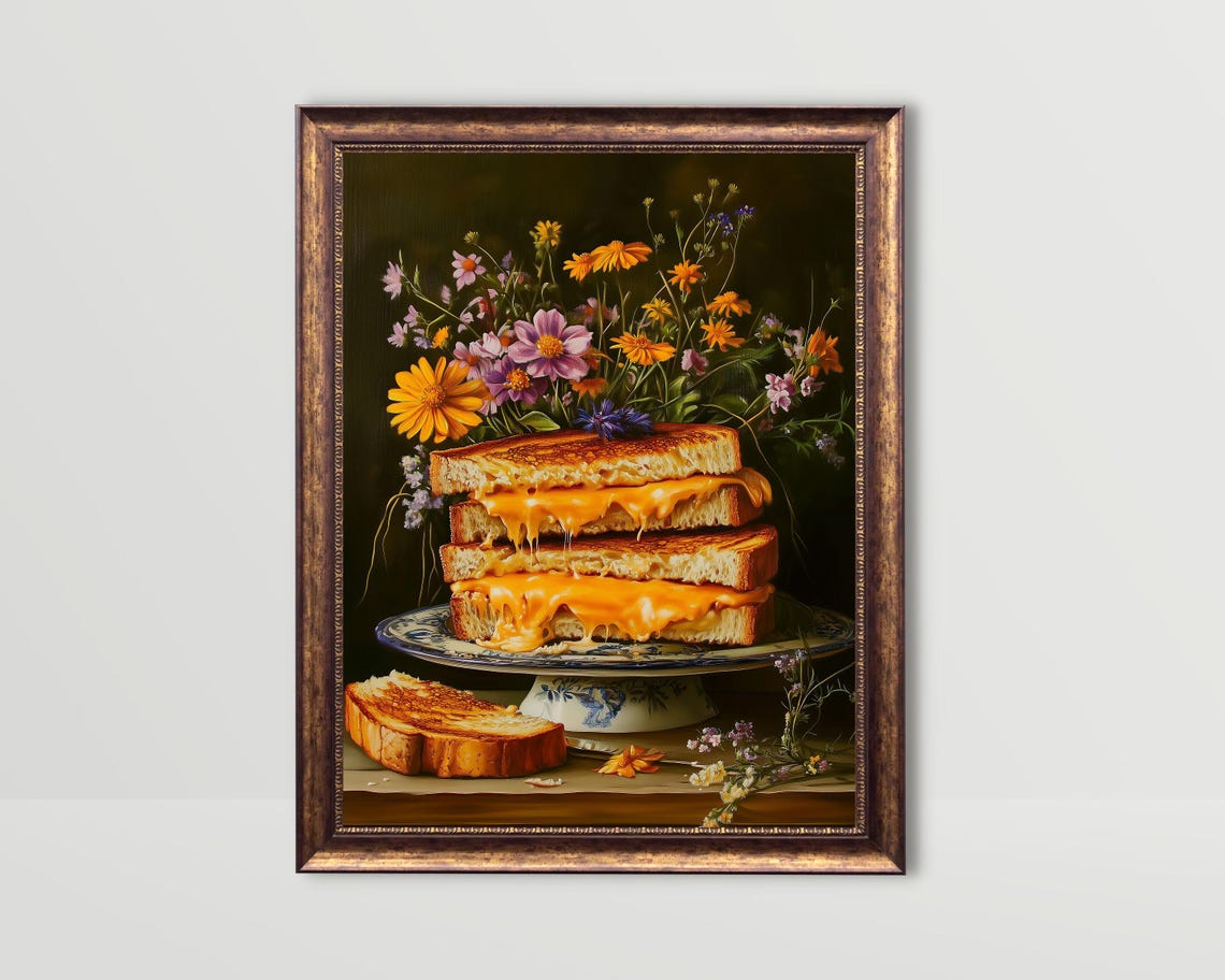Grilled Cheese Fun Food Wall Art, Moody Kitchen Print
