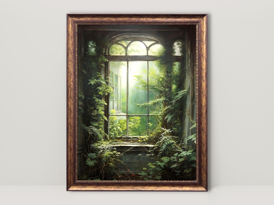 Overgrown Window Botanical, Vintage Dark Academia Art Print