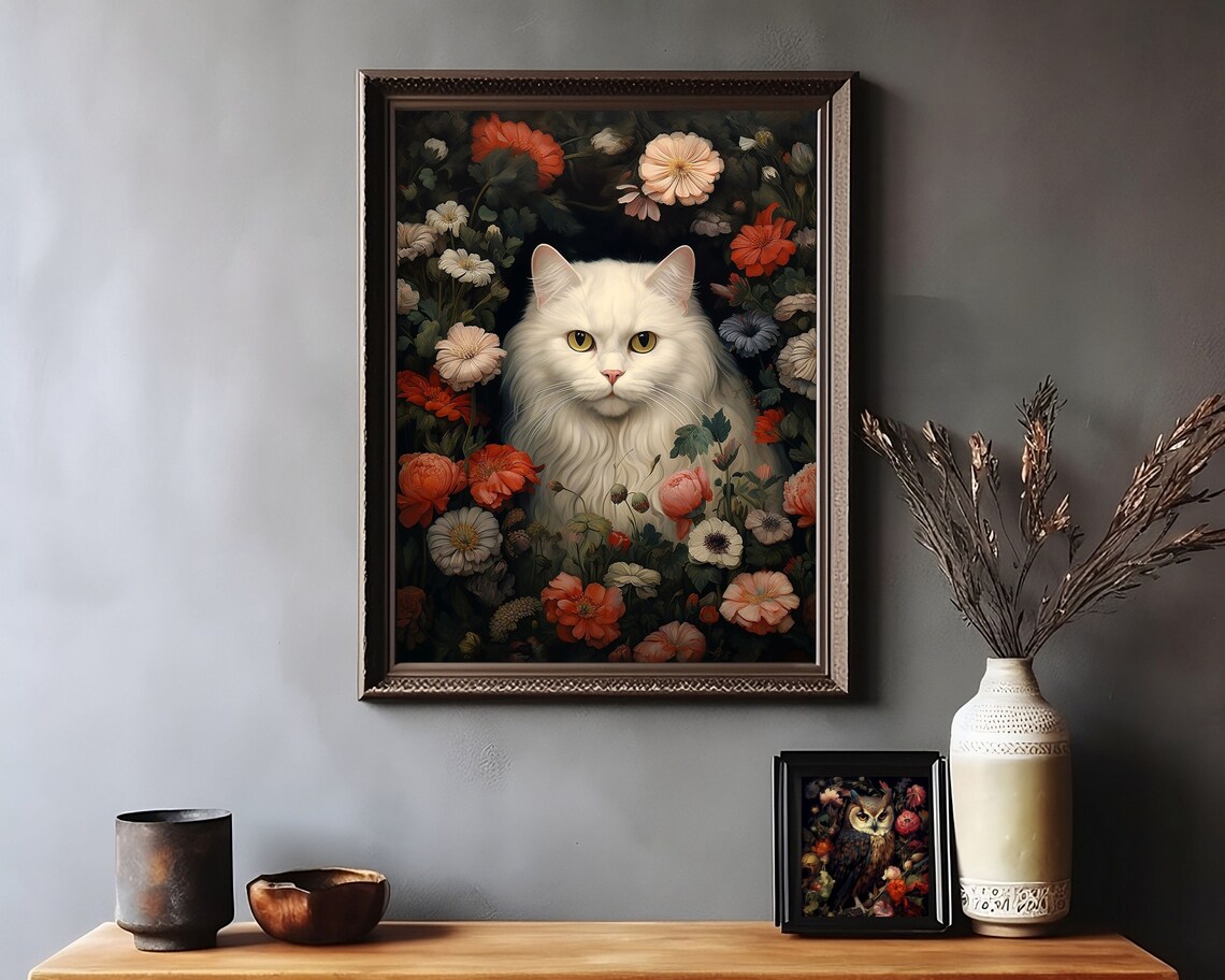 White Long Haired Cat Among Dark Moody Garden Flowers Poster - Image 3