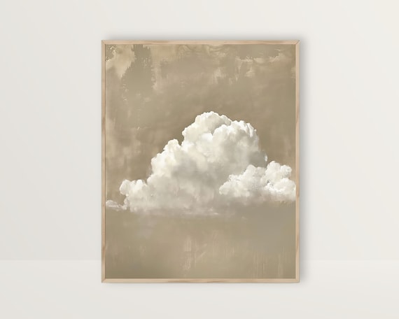 Cloud Neutral Wall Art Warm Earth Tone Sky Art Print Farmhouse Decor Beige Muted Vintage Clouds Oil Painting Relaxing Prints