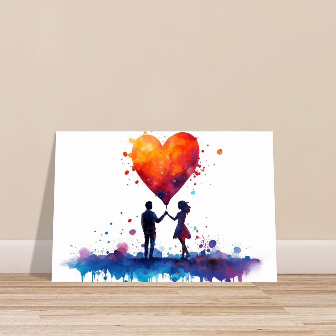 Romantic Couple Heart Balloon Watercolor Silhouette Love Art Poster - Image 3