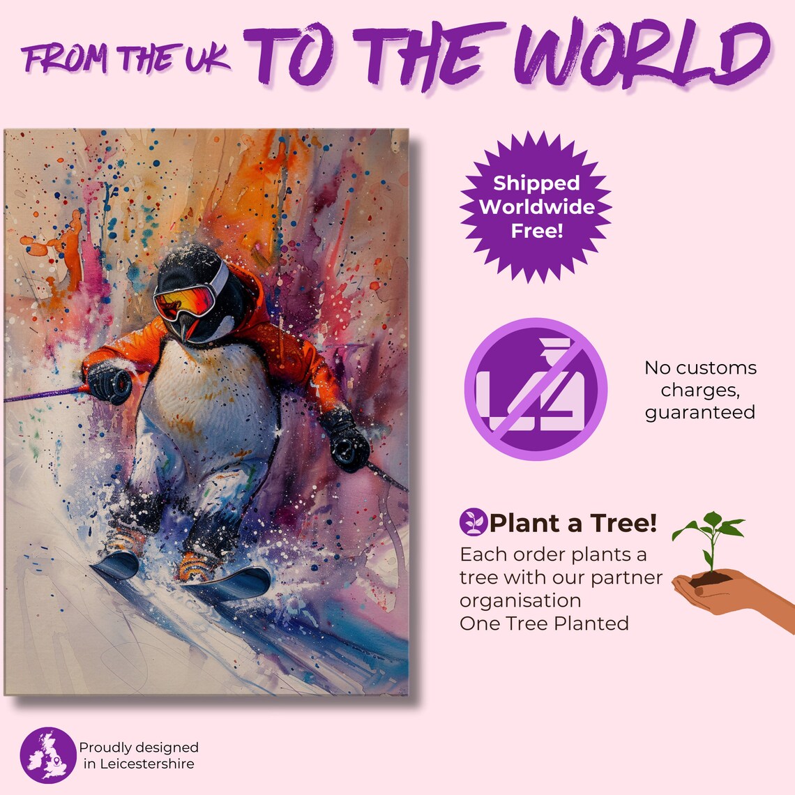 Skiing Penguin Watercolour Art Print, Funny Animal - Image 2