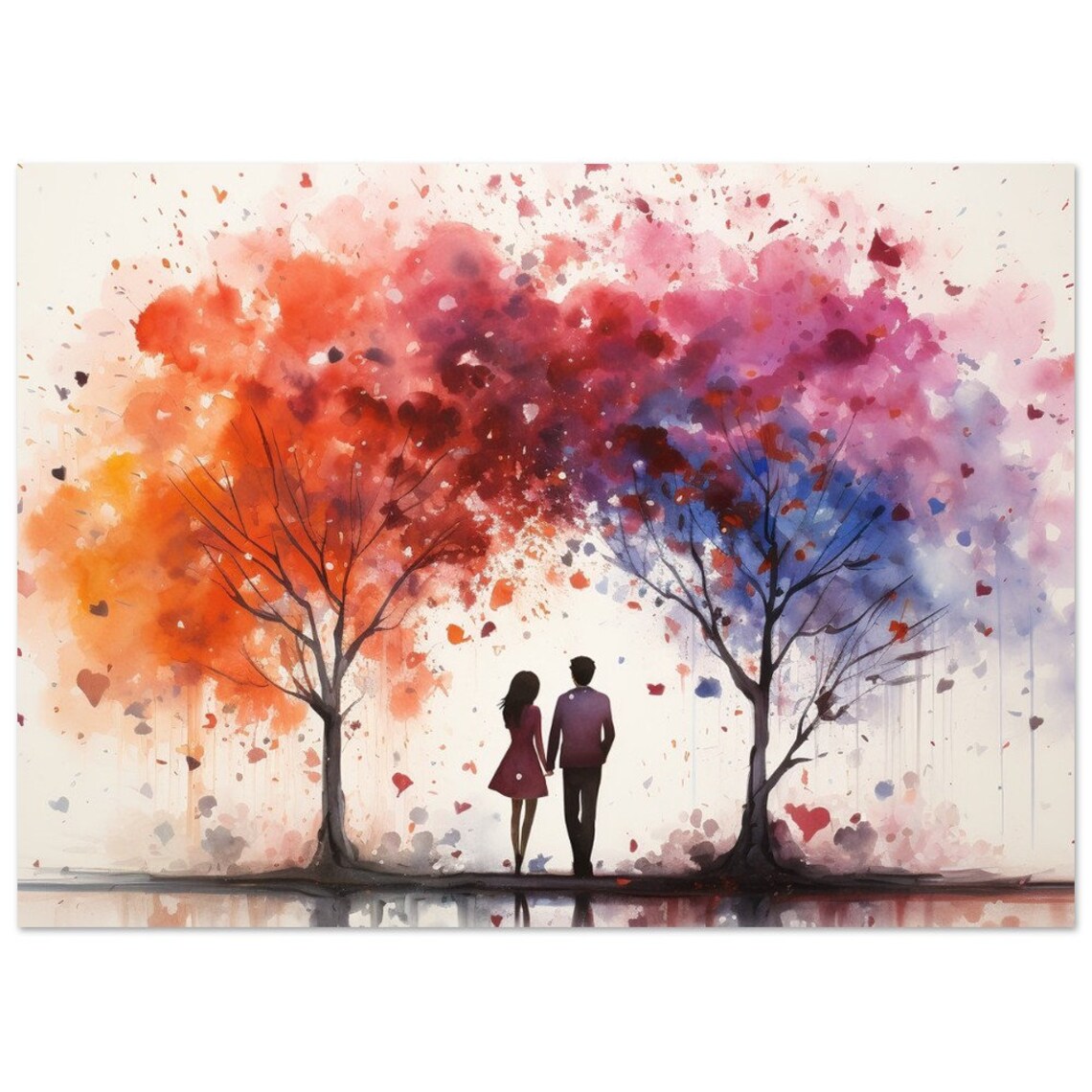 Watercolor Couple In Love Art Print, Tree Silhouette
