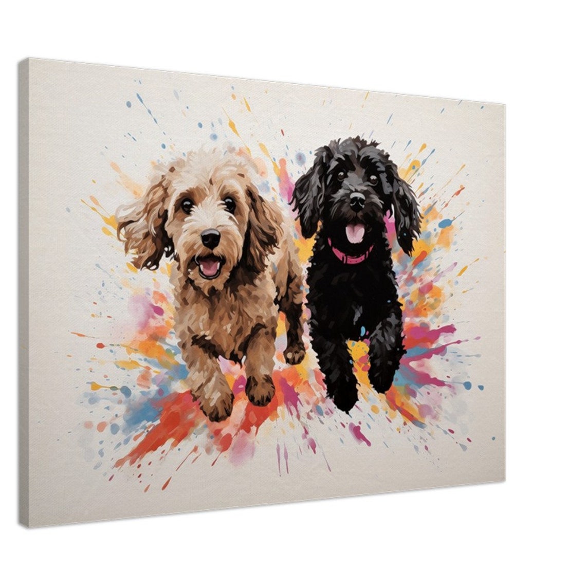 Two Happy Doodle Puppies Running Through Colorful Paint Splash Poster