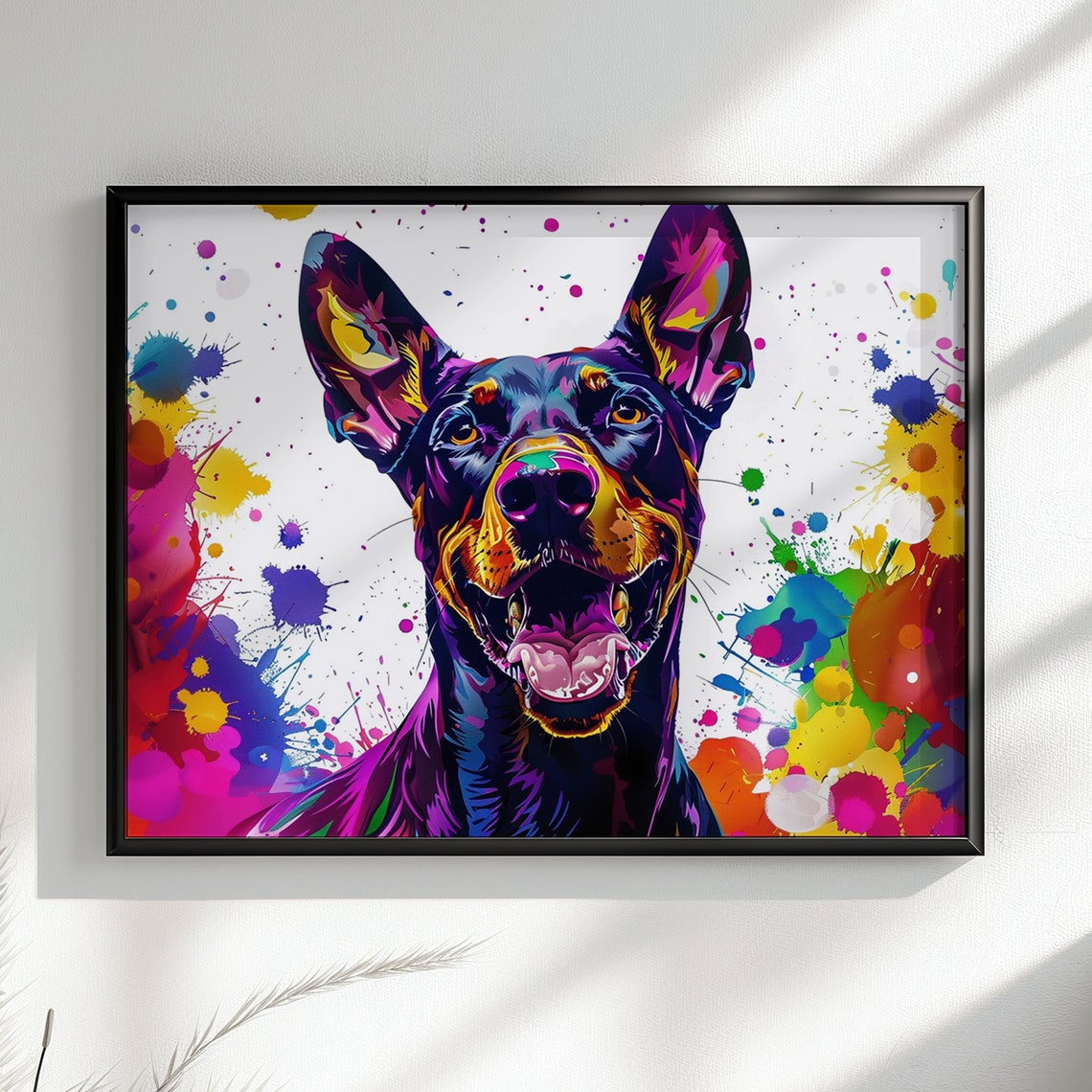 Happy Dobermann Pop Art Portrait Neon Paint Splash Dog Poster