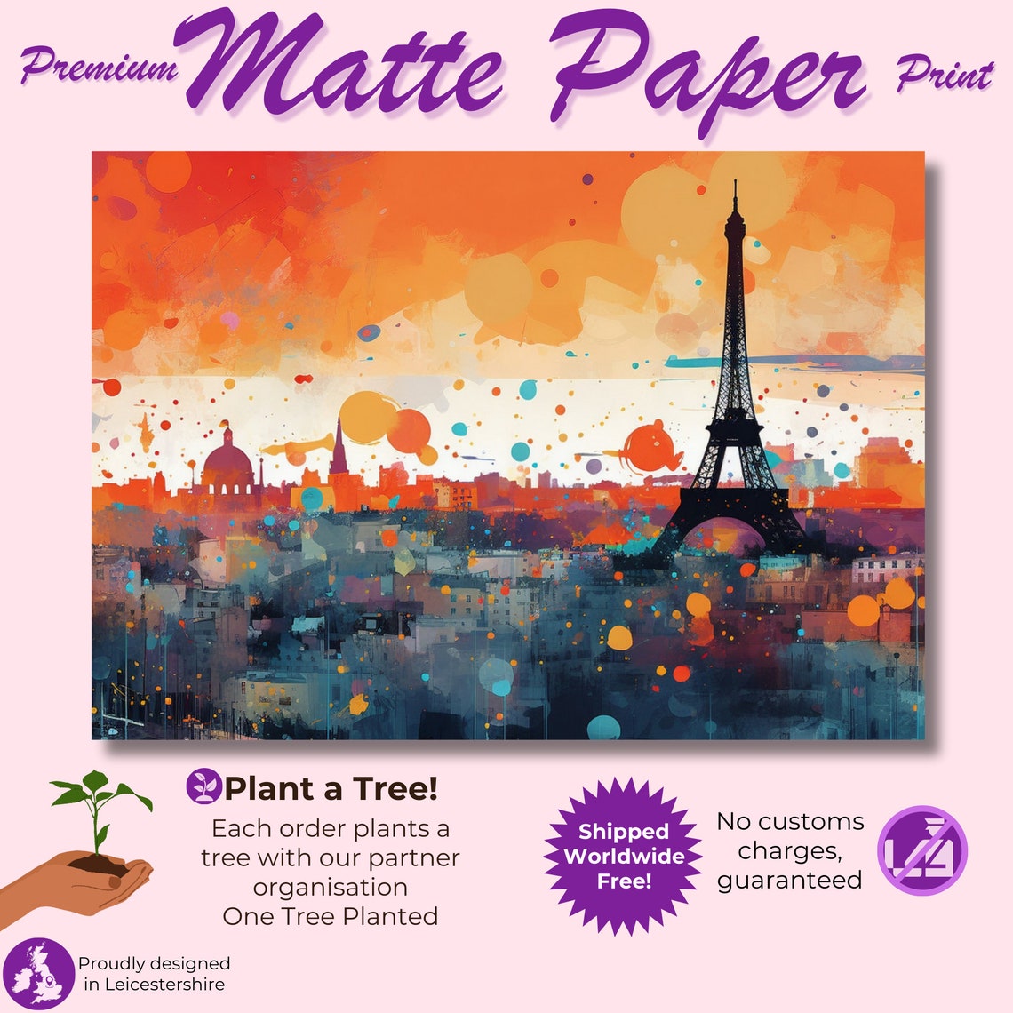 Eiffel Tower Paris Sunset Dot Art Vibrant Orange Skyline Poster - Image 3
