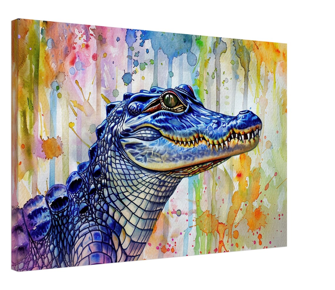 Blue Crocodile Watercolour Portrait Rainbow Drip Reptile Animal Art Poster