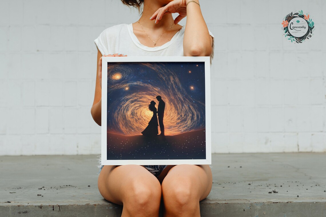 Couple Silhouette Orange Galaxy Sunset Romantic Love Starry Poster - Image 3