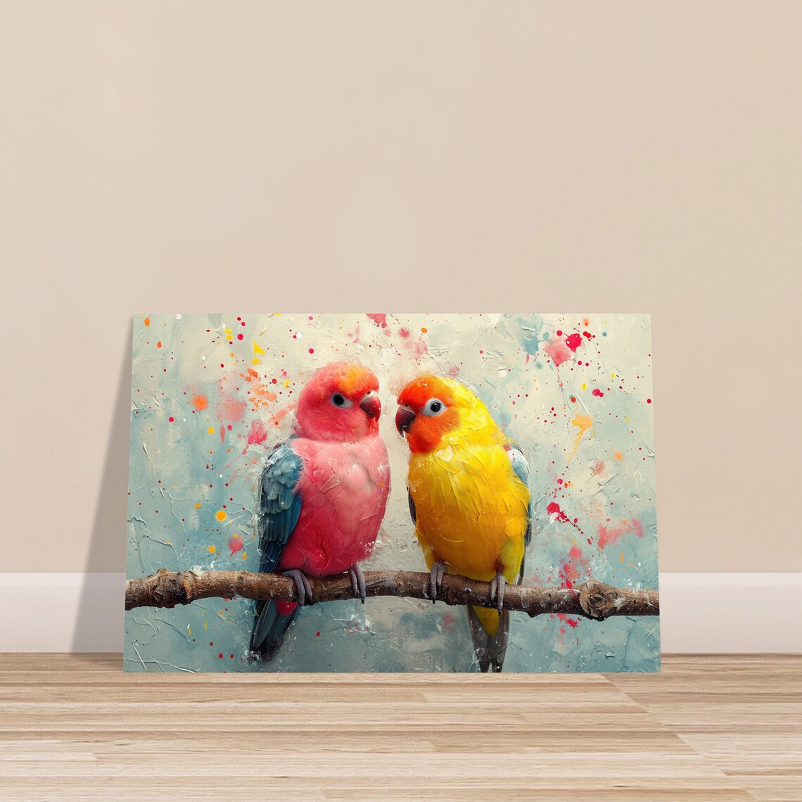 Pink Yellow Lovebirds Parrots Watercolor Splash Bird Painting Poster - Image 3