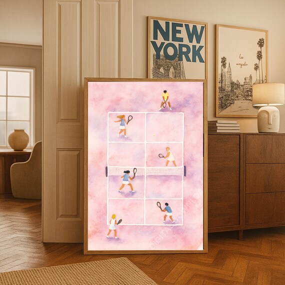 Pink Tennis Court Watercolor Illustration With Tiny Players Poster